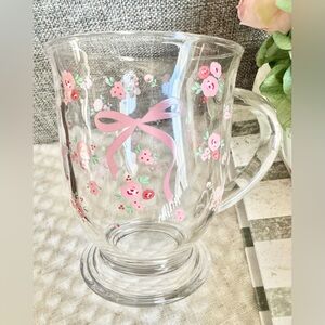 New Pink Bow & Flowers Thick Clear Glass Coffee Tea Mug Cup - 15oz